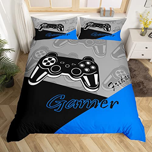 Jeux pour garçons Housse de Couette Jeux vidéo pour Adolescents literie Gaming pour Enfants Parure de Lit 220x240 Jeux Literie de Jeu Ensemble de décoration Gamer 3 taies d'oreiller Bleu Noir Gris