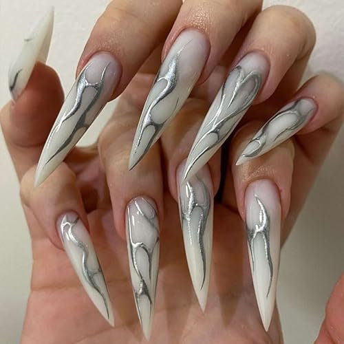 Faux Ongles Long MouyouGlow,Stiletto Blanc Base Argent Feu de Wavy Gothic Press on Nails avec Colle à Ongles,Silver Fire Striped Halloween Fake Nails