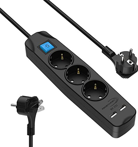 RedStar24 Steckdosenleiste 1,5m 3-Fach mit USB | Mehrfachsteckdose mit Flachstecker & Schalter | Mehrfachstecker mit Wandmontage | Steckerleiste mit flachem Winkelstecker | Steckdose Schwarz