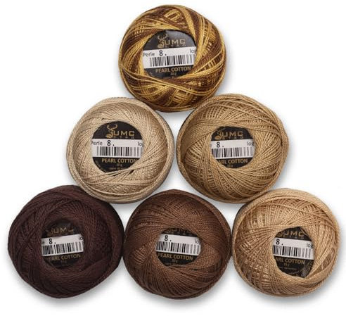 UMC STAG 6 gomitoli di filo da ricamo in cotone perlato, misura 8, 100% cotone egiziano per uncinetto, filato da ricamo a punto croce, certificato Oeko TEX, 10 grammi per gomitolo (tonalità marroni)