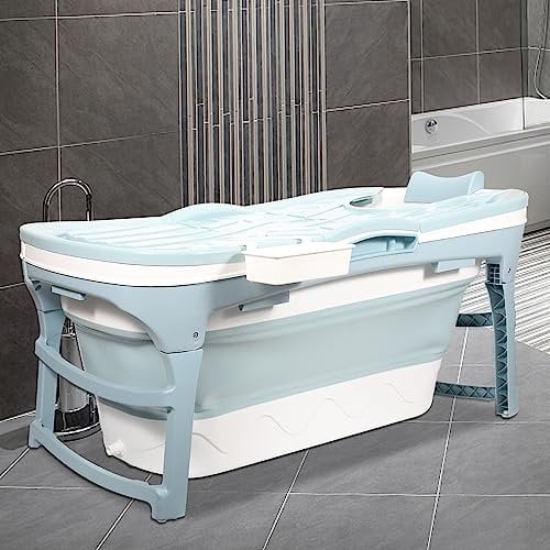 Ikodm Faltbare Badewanne Erwachsene - L 118x60x50cm, Klappbare mobile Badewanne mit Abdeckung & Korb, Klappbadewanne für Badezimmer, Dusche und Balkon (Blau)