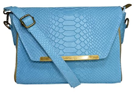 Bellmond Echt Leder Umhängetasche Damen klein, Kroko Optik, MADE IN ITALY, Crossbodybag in knalligen Farben, elegant und stylisch (Hellbau)