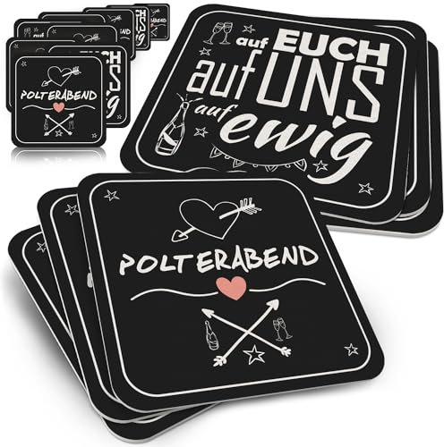 Funke & Brand Bierdeckel Polterabend - 50 Stück - Elegante Schwarze Untersetzer mit Herz-Pfeil Design & Liebesmotto