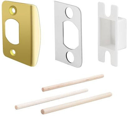 MOSECYOU Standard Strike Plates with Repair Kits, Door Latch Restorer Striker with Sub-plates and Wood Dowels, Fix Aged Strike Opening (Gold, 1 Pack)