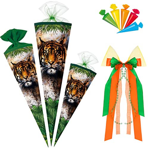 alles-meine.de GmbH Schultüte - mit Glitzer Effekt ! - Tiger/Dschungel Tiere 35-85 cm Größe wählbar inkl. Schleife + 5 kleine Zuckertüten - Zuckertüte - Tüllabschluß / ..