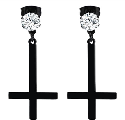 OIDEA Inverted Cross Earrings for Men: Stainless Steel Zirconia Cross Dangle Earrings Stud St. Peter Satanic Earring Religious Christian Jewelry Gift for Men Women
