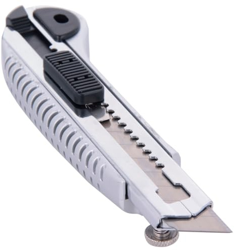 Grand couteau professionnel rétractable métallique, lames de 18 mm, ergonomique, gris