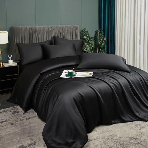 Luofanfei Housse de Couette 220x240 Noir Adulte 2 Personnes Bambou Polyester Parure Linge de lit Uni Lisse Soyeux Brillant Ensemble Literie avec Fermeture éclair et 2X 65x65cm Taies d'oreiller