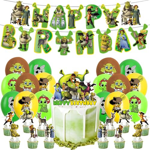 OZXVXZO 32 Stück Shrrek Deko Geburtstag, Shrrek Luftballons Geburtstag Für Kinder, Happy Birthday Banner, Cupcake Topper, Cake Topper, Geburtstag Party Zubehör