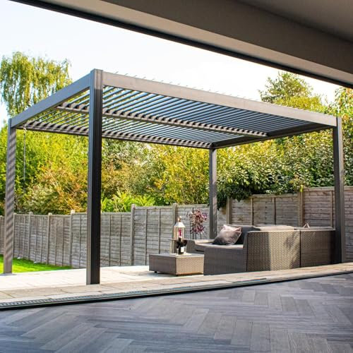 BPS Deluxe Full Aluminium Pergola | 4x3m Aluminium Pergola with Dual Zone Roof | Louvered Roof | Garden Canopy | Sun Shade | Anthracite Grey