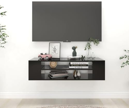 Homgoday Meuble TV Suspendu Noir 100x30x26,5 cm Bois d’ingénierie, Armoire de Télévision Mural avec 2 Compartiments Ouverts, Muraux Meuble TV Flottant pour Salon, Chambre