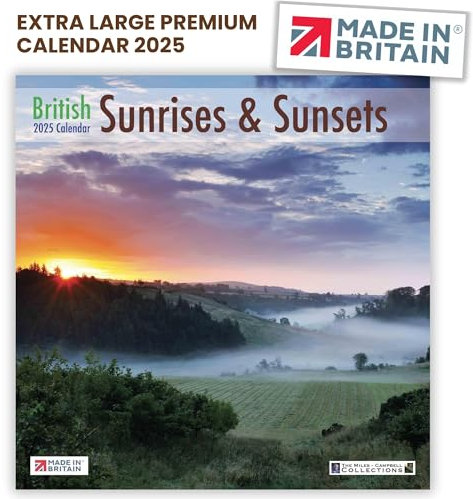ALLTRADE Calendar 2025 British Sunrises & Sunsets 2025 Calendar UK Holidays MADE IN BRITAIN® Solar Energy on FSC® Paper Photos ARCHIE MILES & LAURIE CAMPBELL Supports Woodland Trust Tree Planting.
