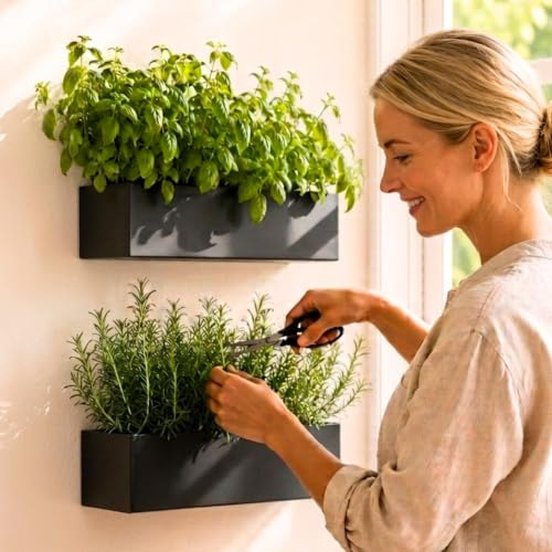 LaLaGreen Wand-Pflanzgefäß (40,6 cm, 2 Stück), rechteckiger Metall-Blumentopf zum Aufhängen, für Sukkulenten, Karbonstahl, schwarz, lange Fensterbank, moderner Zaun, schwimmendes Gartenregal für Deck