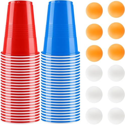 Binnan Set Bierpong, Set de Gobelets de Beerpong, 50 Gobelet Biere Pong(500ml) avec 12 Balles de Ping-Pong, Jeux à Boire, Réutilisables Tasse de Bière Pong pour de Fête