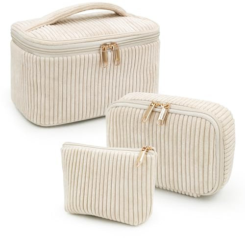 beifon 3er Set Kosmetiktasche Kulturtasche Damen mit Blumenmuster, Kulturbeutel Make Up Tasche, Tragbare Schminktasche Makeup Bag Waschtasche Groß Frauen Mädchen (beige)