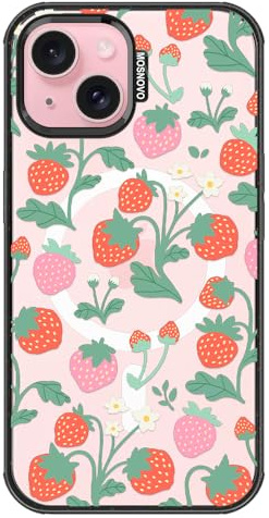MOSNOVO for iPhone 15 Plus Case, Fit for MagSafe, Military-Grade Drop Protection, Shockproof Bumper, Cute Women Girl Magnetic Phone Case for iPhone 14 Plus, Strawberry Garden/Black