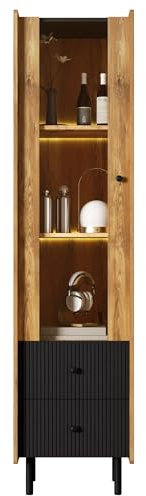 Azkoeesy Vitrina de cristal de 180 cm de altura, con iluminación LED y puerta de cristal, con 2 cajones, diseño de rayas de madera