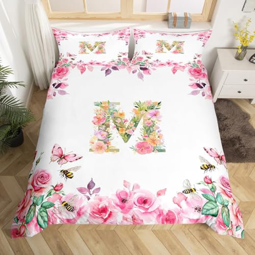 Initial Letter M Bettbezug 135x200 für Kinder Jungen Mädchen, Initial A-Z Bettwäsche Set, Floral Monogramm Bett Sets, Romantische Rose Alphabet Bettbezug mit 1 Kissenbezug Mikrofaser