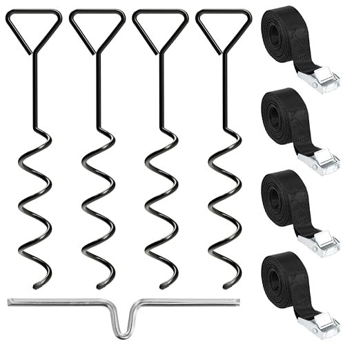 NewHabitat | 4X Erdanker Bodenanker aus Stahl inkl. Gurte | Erdanker Set für Trampolin, Zelt, Pavillion & Schaukel, 9-teiliges Set, 38cm (Schwarz)