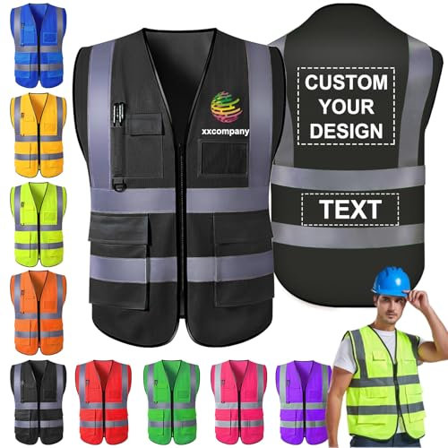 Morlavid Warnweste Personalisiert mit Logo Text Sicherheitsweste mit Reißverschluss Taschen fur Bauarbeiter,Black