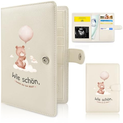 Mutterpasshülle Leder, Mutterpass Organizer Mit Magnetverschluss, Geschenke für Schwangere, Mutterpass Schutzhülle mit Fächern zur Aufbewahrung von Ultraschallbildern und Impfpass usw (Bär mit Ballon)