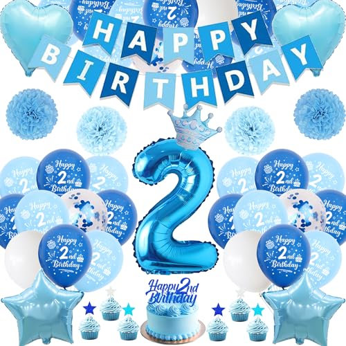 Xietaea Deko 2. Geburtstag Junge Blau - 58 Stück 2. Geburtstagsdeko Luftballons Happy Birthday Girlande Tortendeko, Papier Pompons und Riesen Zahlballon zum 2 Geburtstagsfeier Dekoration