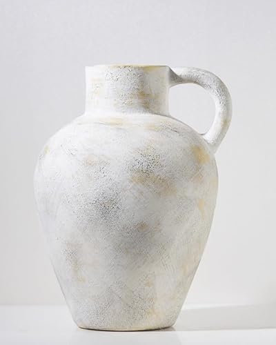 UPWOIGH Large Beige Ceramic Flowers Vase,30.5CM Tall Rustic Farmhouse Pottery with Aged Texture,Boho Stoneware Decorative Jar,Vintage Matte Finish with Handle,Centerpiece for Home Decor,Office,Gifts
