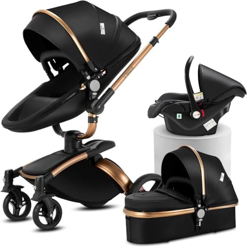 3 in 1 Kinderwagen Schwarz aus Premium-Leder, 360° drehbar | Einhand-Faltfunktion für unkomplizierte Handhabung, durchgängig nutzbar ab Geburt bis zum Kleinkindalter.
