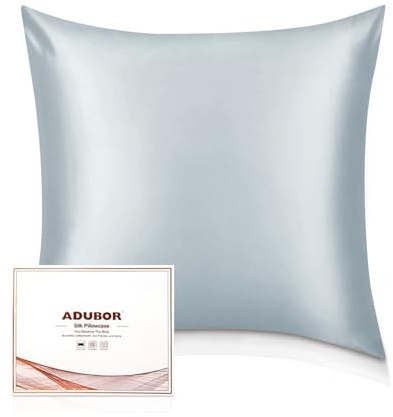 Adubor 100% Seidenkissenbezug 80x80cm für Haar und Haut, mit Reißverschluss | 22 Momme Seide, Fadenzahl 900, mit verstecktem Reißverschluss, beide Seiten, Silbergrau, 1 Stück