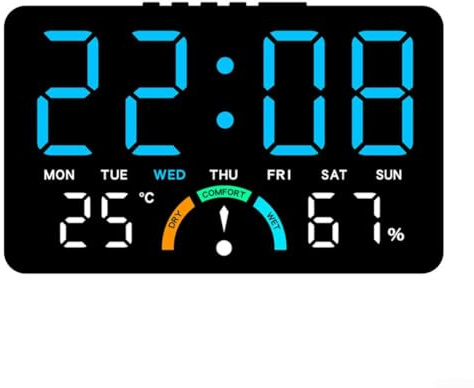 CWOQOCW Große LED Digitaluhr mit Anzeige für Zeit, Luftfeuchtigkeit,led Uhr, Temperatur, Datum, Wecker und Komfortniveau, konzipiert für Wandmontage oder Flache Aufstellung (Blau)