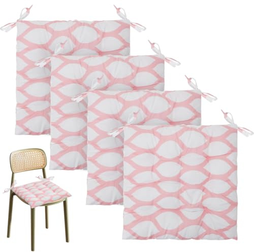 Tutamaz 4 Stück Cartoon Stuhlkissen, 40 x 40 cm Sitzkissen mit Bändern, Kissen für Gartenstühle, Sitzpolster für Indoor und Outdoor, Stuhlauflage für Esszimmer, Wohnzimmer, Studierzimmer (Karo-Rosa)