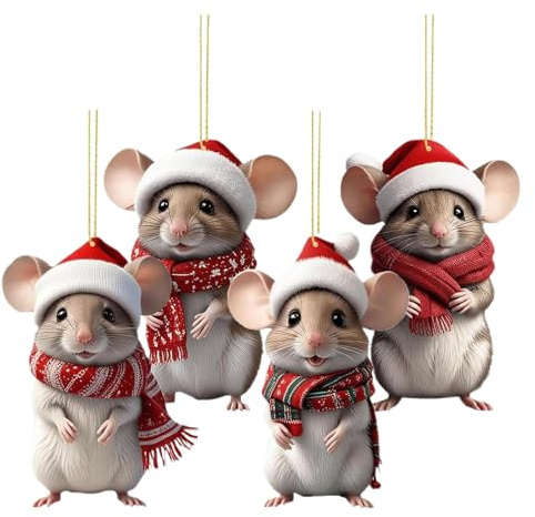 4pcs Weihnachtsmäuse Deko | Acryl Weihnachtsschmuck Mäuse Weihnachtsdeko | Lustiger Weihnachtsbaumschmuck Baumschmuck Weihnachtsdekoration für Wohnzimmer Schlafzimmer