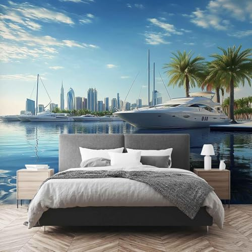 Tapete 3D Paris Island Yacht Vlies Fototapete 350 x 256 cm Hawaii Küstenstädte Foto Tapete XXL Vliestapete Moderne Wandtapete Wohnzimmer Schlafzimmer Bildtapete Decoration Poster Fototapeten E438