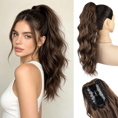 JIAMEISI Ponytail Extension, 45 cm Pferdeschwanz Haarteil, Synthetischer, gewellter, lockiger Krallenclip Pferdeschwanz Haarverlängerung für Damen, Volumen & Länge verleihend (Hellbraun)