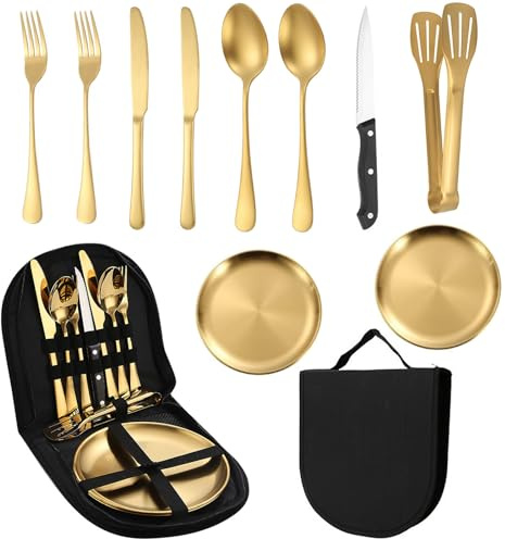 Vajilla de Camping para 2 Personas, Juego de Picnic de 12 Piezas, vajilla de Acero Inoxidable para Exteriores, Camping, Picnic, Barbacoa y Senderismo