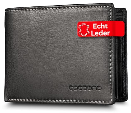 Cocoono Leder Geldbörse Herren mit RFID Schutz I Echtleder Geldbeutel für Männer I Münzbörse Portemonnaie Brieftasche Wallet Portmonee Breit, Schwarz Weiße Naht