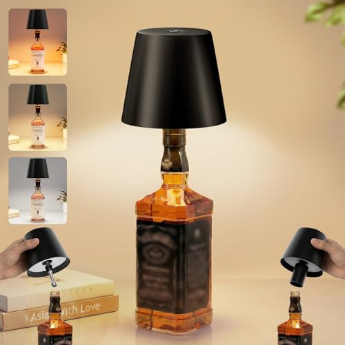 UPXNBOR Lampada per Bottiglia, Lampada da Tavolo Senza Fili in Metallo | Abat-jour LED Ricaricabile per Interno Esterno, 3 Temperature Colore, Dimmerazione Continua, IP54, Corpo in Metallo, 5300 mAh