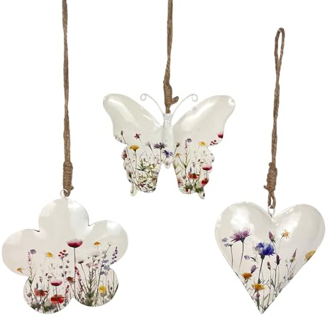 3 Metallanhänger Herz Schmetterling Blume weiß, bunt 10 cm Metall – Wohnaccessoire Ganzjahr | Liebe Familie Freundin edles Detail für viele Anlässe