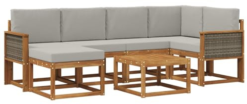 vidaXL Outdoor-Sofagarnitur mit Kissen 7 pcs Natürlich und Hellgrau, Garten Sofa, modernes Eckset, wetterfestes Loungemöbel, Terrassen Sitzmöbel für entspannten Komfort
