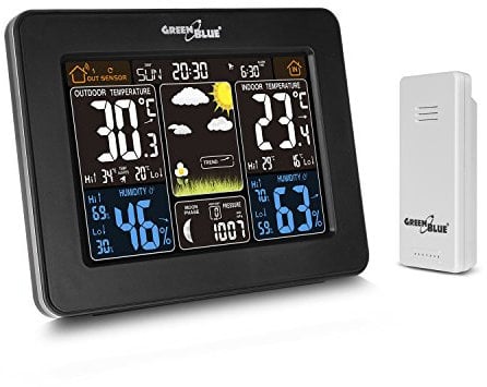 Green Blue GB523 Funk-Wetterstation mit Innen- & Außentemperatur | Barometer & Wettervorhersage | Mondphasen Kalender Wecker DCF-Funkuhr | Netz- & Batteriebetrieb (Ohne Batterien im Set)