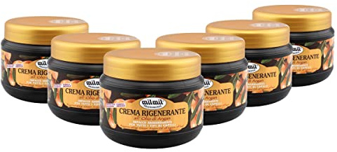 Milmil Crema Rigenerante per Capelli, Maschera Capelli Professionale, Fragranza Olio di Argan, Impacco Ammorbidente per Tutti i Tipi di Capelli - 6 x 500 ML