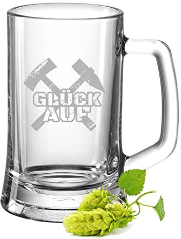 GRAVURZEILE Bierkrug mit Gravur - Glück auf Schlägel + Eisen - Geschenk für Bergmänner - schönes Geburtstagsgeschenk für alle Zeche & Bergbau Männer - Erinnerungsgeschenk Zeche Bergbau 0,5 L