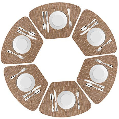 DRASAWEE Round Table Placemats Set of 6 Wedge Washable Table Mats for Kitchen, Heat Resistant (Light Brown, Set of 6)