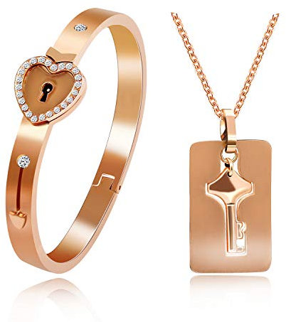 Uloveido Matching Key Pendant Necklace and Lock Bangle Bracelet Set for Couples Women and Men Y474 (Rose Gold)