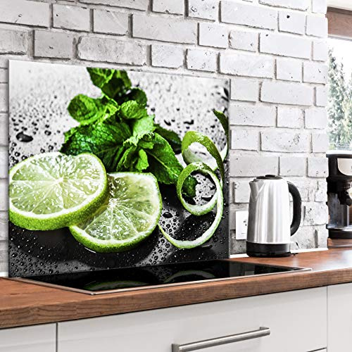 murando Glass Splashback for Kitchen Backsplash Cooker Protector | Tempered Glass Decorative Wall Art Panel Heat Resistant Graphic 80x60 cm / 32x24 Lime Mint Water Fruit