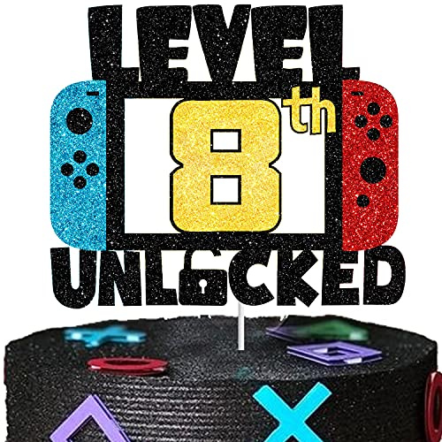 8 LEVEL UNLOCKED Birthday Cake Topper - 8th Happy Birthday Gamepad Cake Topper - Video Game Kids Boy Girl Bday Party Decorations Supplies - Handmade black gold red blue Glitter