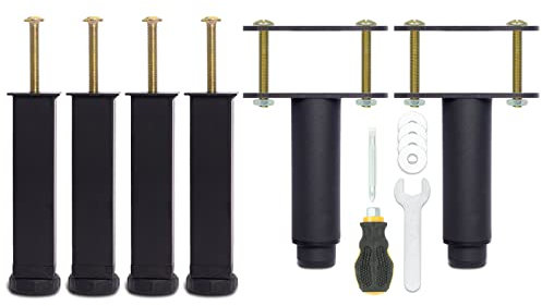 Pied de Lit 15 cm à Visser, Pied Sommier à Lattes Universel, Reglable en Hauteur, Metal, Carré + Rond, Boulons M8, pour le Cadre Métallique d’un Sommier Adulte, Noir, Lot de 6 (4 Latéraux + 2 Central)