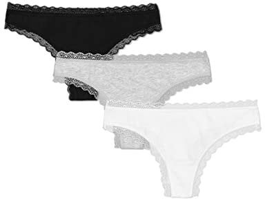 Snocks Tanga Damen mit Spitze aus Bio-Baumwolle 3er Pack - String Damen Klassisches Design - Angenehmes Tragegefühl ohne Einschneiden - Unsichtbare Unterwäsche - Weiß/Hellgau/Schwarz - S