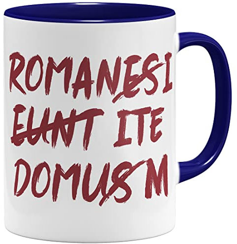 OM3® lustige Latein Kaffee-Tasse mit dem lateinischen Spruch - Romani ite Domum - Zitat - Keramik Becher - 325ml - Beidseitig Bedruckt - Dunkelblau