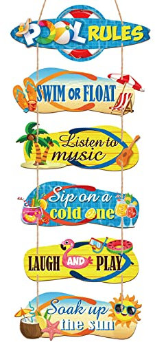 6 Stück Pool Rules Schilder und Dekoration für den Außenbereich, Holz-Strand-Wandbehang, Dekoration, 10,2 x 27,9 cm, Sommer-Hausschuhe, Hängeschild, Flip-Flop, Outdoor-Dekorationen für Schwimmbad